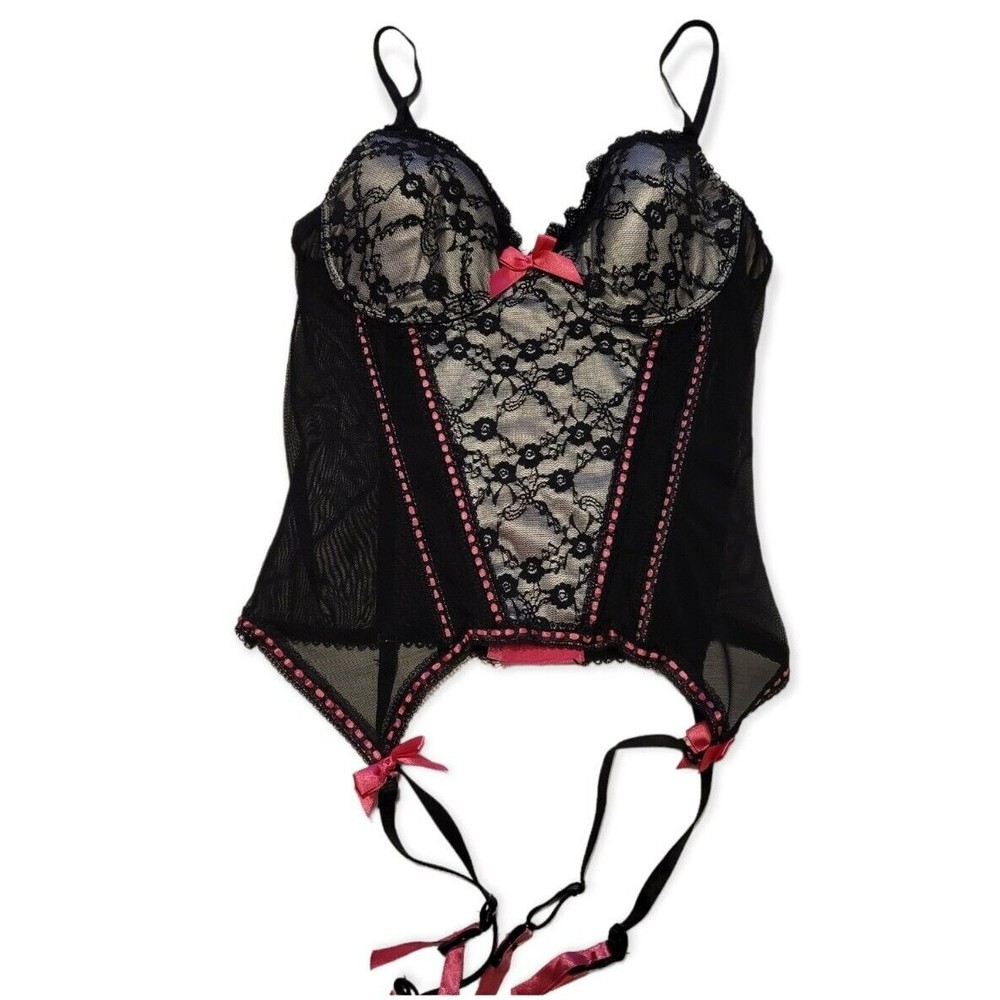 NATIVE INTIMATES Black Lace White Satin Pink Trim BUSTIER CORSET 34C Gorgeous